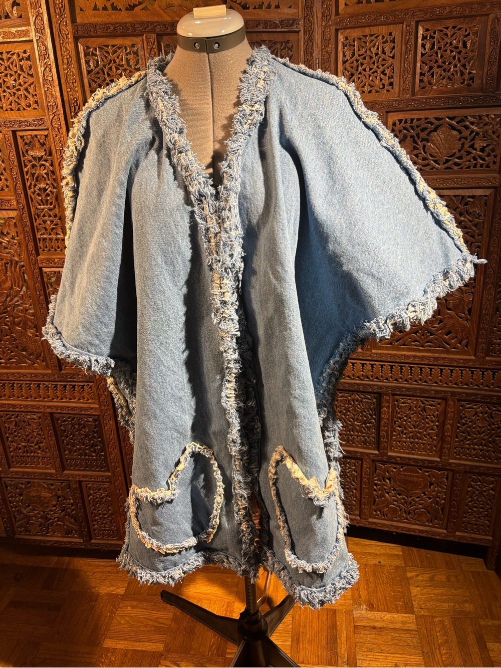 Reversible Frayed Light Blue Denim Open Jacket with Heart Pocket Details